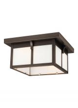 Generation Lighting 7852702-71 - Tomek modern 2-light outdoor exterior ceiling flush mount in antique bronze finish with etched white