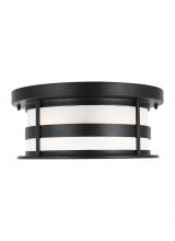 Generation Lighting 7890902-12 - Wilburn modern 2-light outdoor exterior ceiling flush mount in black finish with satin etched glass